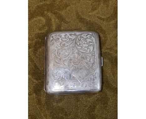 Engraved silver pocket cigarette case, monogrammed G.M. with gilt engine turned interior by John Henry Wynn, Birmingham 1929.