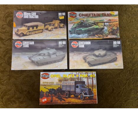 5 x Airfix HO/OO WWII military models.  Opel Blitz + Pak 40, Centurion Tank, Chieftain Tank, Gun & Tractor, Chieftain Tank, a