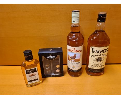 Teachers Highland Blended Whisky 70cl, Famous Grouse Whisky 70cl, Glenfiddich gift set with cufflinks and small 20cl bottle S