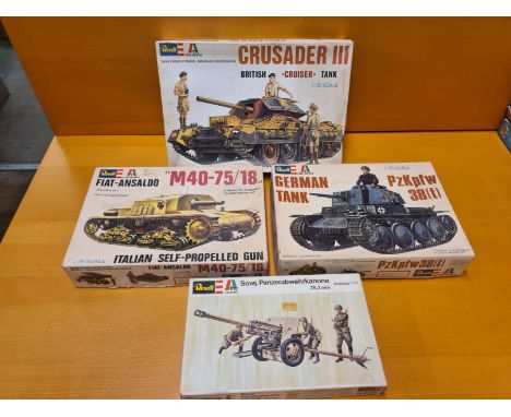 4 x Revell 1/35 scale military models.  Crusader III tank, Fiat-Ansaldo M40-75/18, German PzKpfw38(t) tank, Sowj.Panzerabwehr