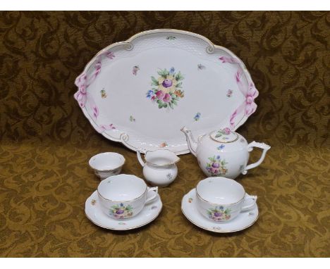 Herend Hungary handpainted porcelain tete a tete tea service with basket weave form complete with tray.