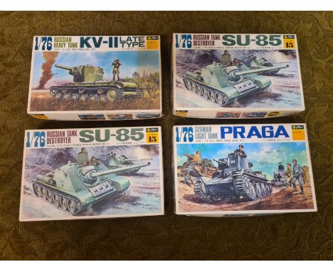 4 x Fujimi 1/76 scale WWII military models. 2 x Russian Tank Destroyer SU-85, German Light Praga Tank and Russian Heavy Tank 