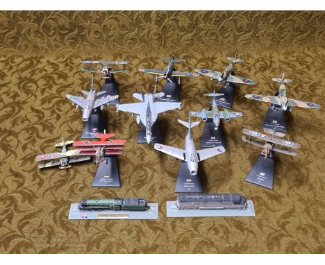 10 various Atlas die cast model aeroplanes and Del Prado locomotives.