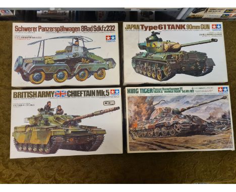 4 x Tamiya 1/35 scale WWII military vehicles tanks.  King Tiger Panzer, British Army Chiefton Tank, Japan type 61 tank and Sc