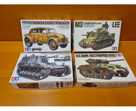 4 x Tamiya 1/35 scale WWII military vehicles. German Kommandeur-Wagen Type 1500A, M3LEE, M10 tank and Wespe German Self Prope