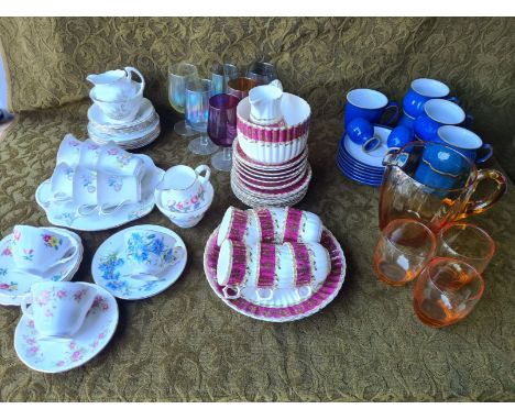 Denby Imperial Blue 6 x cups and saucers, floral teaset cups and saucers together with Victorian fluted teaset and coloured g