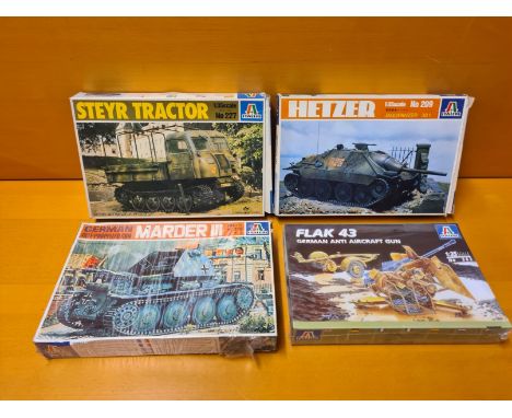 4 x Italeri 1/35 scale WWII military vehicles.  Flak 43 German Anti Aircraft Gun, German Marder III self propelled gun, Jagdp