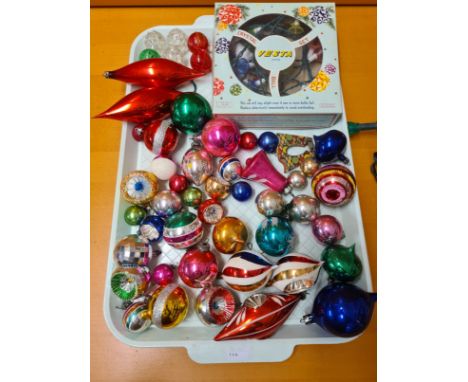 Quantity of vintage mercury glass Christmas baubles and lights.