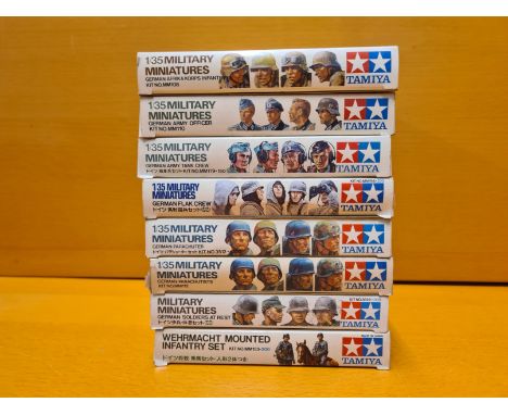 8 x Tamiya military miniature 1/35 scale sets. Wehrmacht Mounted Infantry set, German soldiers at rest, 2 x German Parachutis