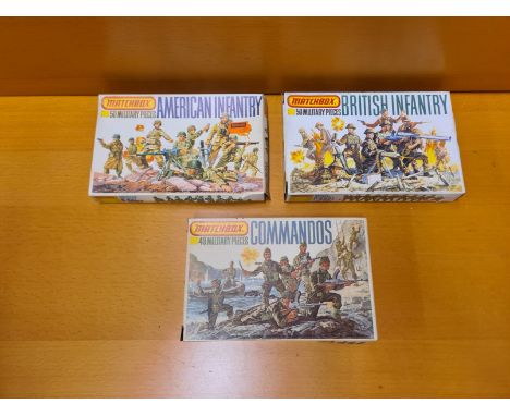 3 x Matchbox 1/76 scale military figures, American and British Infantry and Commandos.