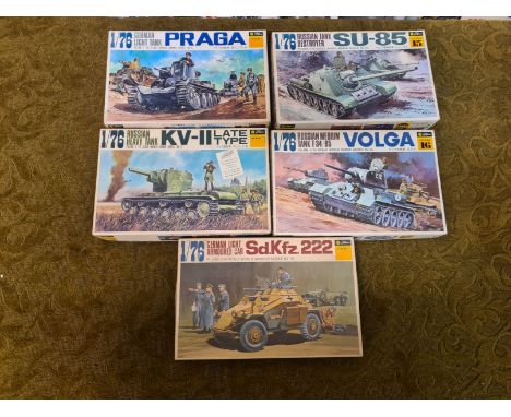 5 x Fujimi 1/76 scale WWII model military vehicles.  Russian Tank Destroyer SU-85, Praga German Light Tank, Russian Medium Ta