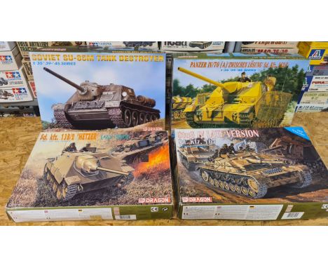 4 x Dragon WWII models 1/35 scale 39-45 Series.  Soviet SU-85M Tank Destroyer, Panzer IV/70, SK KFZ Hetzer and Stug IV Late V