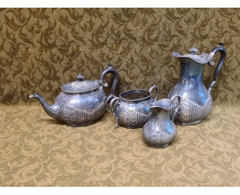 Victorian James Dixon & Sons half fluted and acanthus leaf decorated 4 piece EPBM teaset, 6 bottle cruet (missing one bottle)