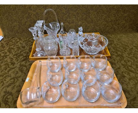2 trays of assorted glassware to include 12 punch cups and ladle, bon bon basket, candle stands, bowls, etc.