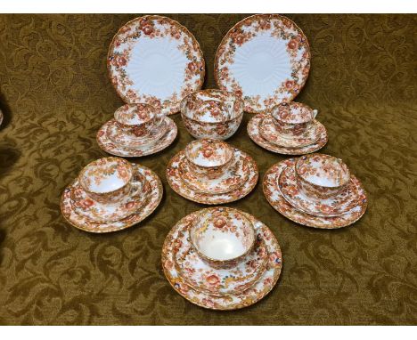 Victorian Samual Radford floral Imari 6 place teaset with basket weave moulding and floral gilt Imari design comprising 6 tri