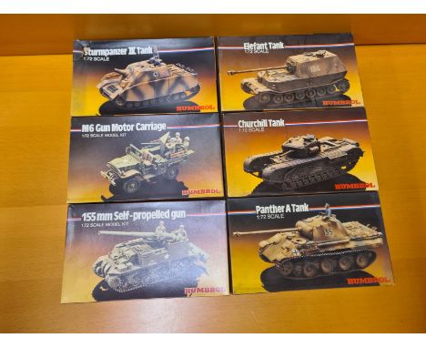 6 x Humbrol 1/72 scale military models. Sturmpanzer IV Tank, 155mm Self Propelled Gun, Panther A Tank (without instructions),