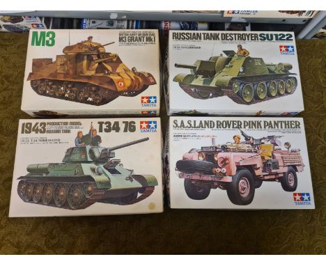 4 x Tamiya 1/35 Scale WWII tanks and vehicles.  Russian Tank Destroyer SU122, S.A.S Land Rover Pink Panther, British Army Tan