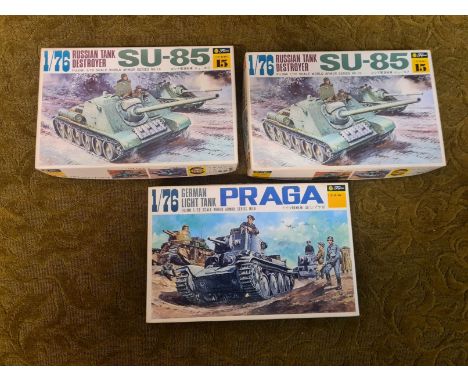 3 x Fujimi 1/76 scale WWII military models. 2 x Russian Tank Destroyer SU-85 and Praga German Light Tank.