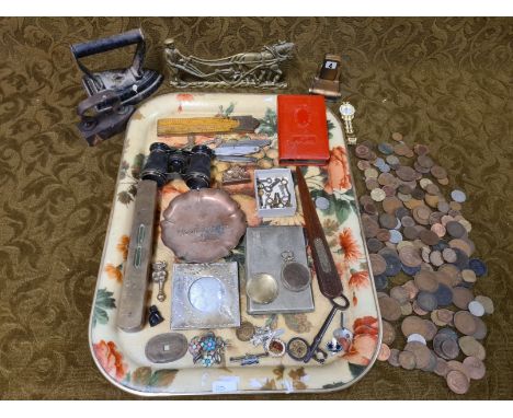 Mixed lot of bygones to include enamel badges including Gainsborough  Motor Club, cigarette boxes, pen knives, gilt hair lock