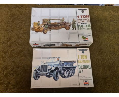 2 x ESCI 1/35 scale WWII military models.  1 Ton Half Track SD KFZ 10 with M-18 Howitzer and 1 Ton Half Track Demag D7.