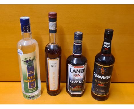 Captain Morgan Rum 70cl, Lambs Navy Rum 70cl, Cognac XO Landreau 70cl  and Zaltaborouicka Slovac juniper brandy.