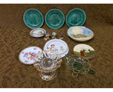 Mixed Victorian and later pottery, porcelain and glassware to include leafware plates, Doulton bowl and plate, Mabel Lucy Atw