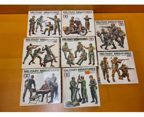 8 x Tamiya military miniature sets 1/35 scale. US Mortar Crew, US Modern Army Infantry, British Army Infantry, US Military Po