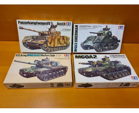 4 x Tamiya 1/35 scale WWII military vehicles. Panzerkampfwagen IV, M4A3 Sherman, US Army M60A1 Medium Tank and US Army M60A2.