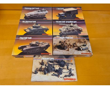 7 x Humbrol 1/72 scale military models. German Guns, M3 Sherman Tank, Hanomag Half Track (without instructions), 155mm Self P