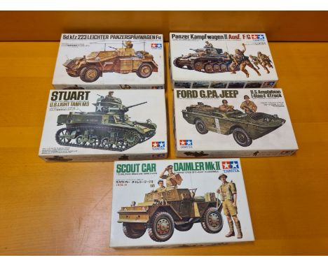 5 x Tamiya 1/35 scale military miniature series vehicles. Daimler MKII Scout Car, Stuart US Light Tank M3, Ford GPA Jeep, Pan