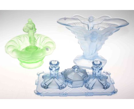 Art Deco blue glass trinket set, vase and green glass figure flower bowl.