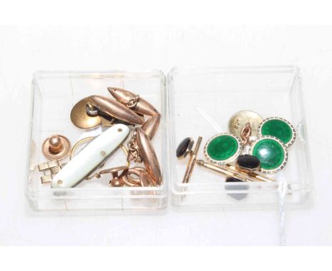 9 carat gold and green enamel cufflinks, bullet gold cufflinks and shirt studs, etc.