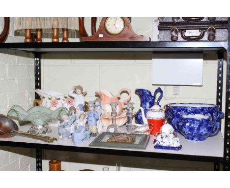 Six Nao figurines, copper pans, glass, wash bowls, jugs.