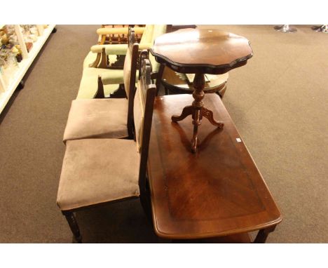 Italian style tripod occasional table, rectangular low centre table and pair late Victorian dining chairs.