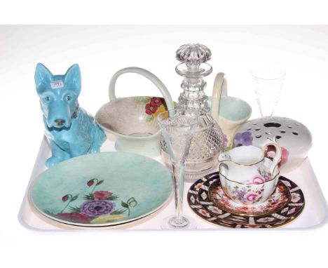 Blue Sylvac Mac dog, two Radford plates, posy holder and two baskets, triple ring neck decanter, Royal Crown Derby sugar and 