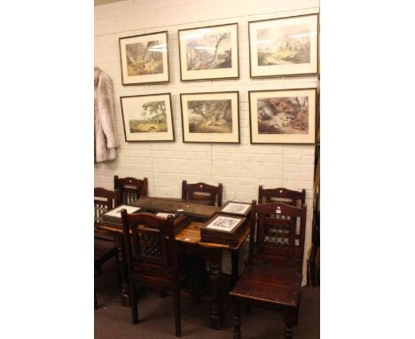 Jointed rectangular table, six dining chairs, set of six coloured hunting prints, collection of twenty nine small framed shoo