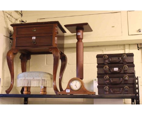 Mahogany two drawer side table, plant stand, footstool, inlaid mantel clock and bottle holder.