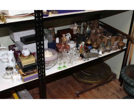 Collection of ceramics, Edinburgh glass, Aynsley, metalwares, tools, snooker cues, brass table top, etc.