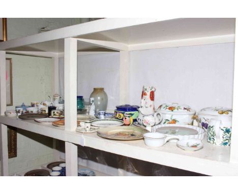 Large shelf of ceramics including Royal Doulton, Masons, Poole, Royal Torquay, Royal Worcester, Aynsley, Spode, etc.