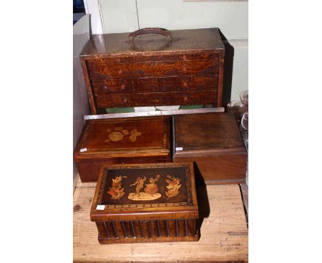 Watch makers box with tools, puzzle box, sewing box, and another wooden box of collectables.