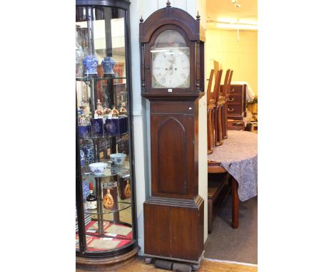 Antique stained eight day longcase clock having painted arched dial.