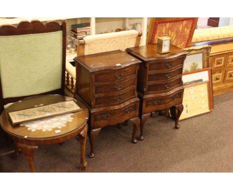 Pair burr walnut and mahogany serpentine front four drawer pedestals, circular ball and claw leg coffee table, five pictures 