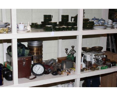 Collection of metalwares, scales, car accessories, binoculars, bowling balls, garden croquet set, weights.