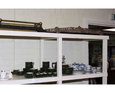 Shelf assortment of ceramics, collectors plates and a glass decanter, together with two fenders.