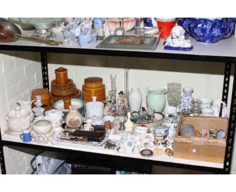 Shelf of crested china, Hornsea Saffron, Wedgwood, Commemorative china, mouse ornaments, silver ring box, purse and button ho