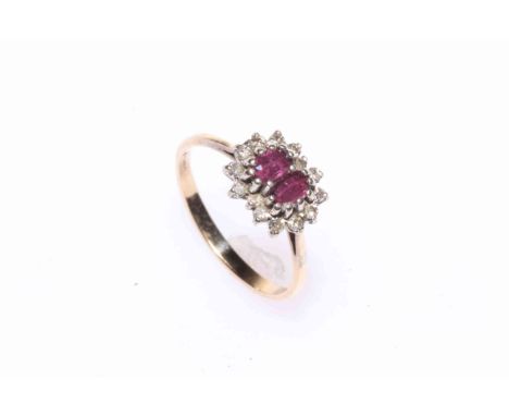 9 carat gold double ruby and diamond cluster ring.