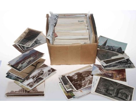 Box of vintage printed, photographic, embroidered silk postcards including trains, military, Tuck, undivided backs, topograph