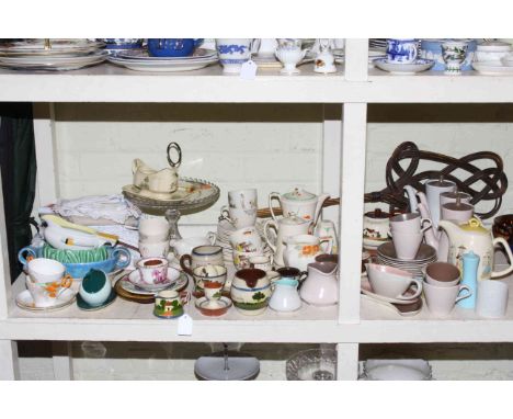 Shelf of linens, Poole, Beswick, glass, Torquay ware, Shelley, glass, etc.