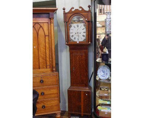 Antique oak and mahogany eight day longcase clock having painted arched dial, signed M. Collingwood, Alnwick.