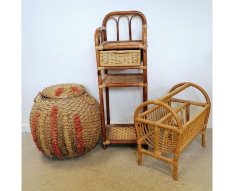 Vintage round rattan lidded laundry basket 17" high t/w a bamboo magazine rack and a bamboo bedside table with shelf and draw